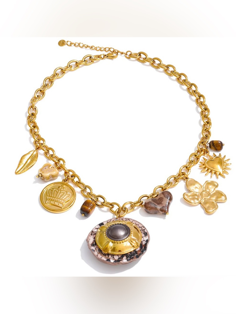 Gold-Tone Charm Necklace with Mixed Charms and Stone Pendant